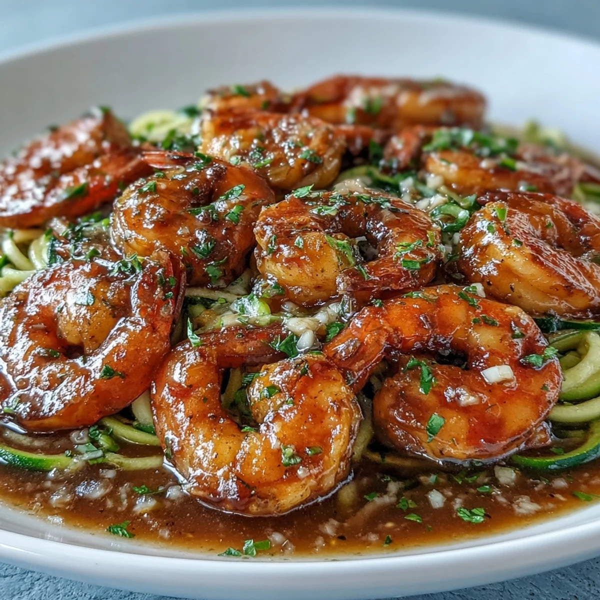 A plate of keto garlic butter shrimp served over spiralized zucchini noodles, garnished with parsley and lemon zest.