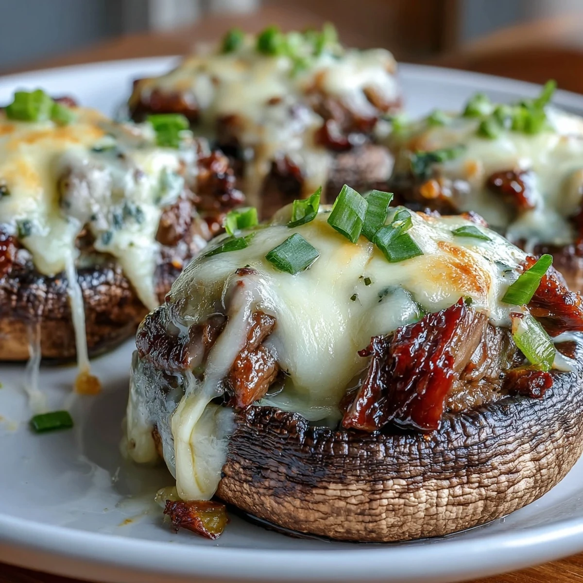 Keto Philly Cheesesteak Stuffed Portobello Mushrooms: juicy portobello caps filled with tender steak, peppers, and melted provolone cheese.