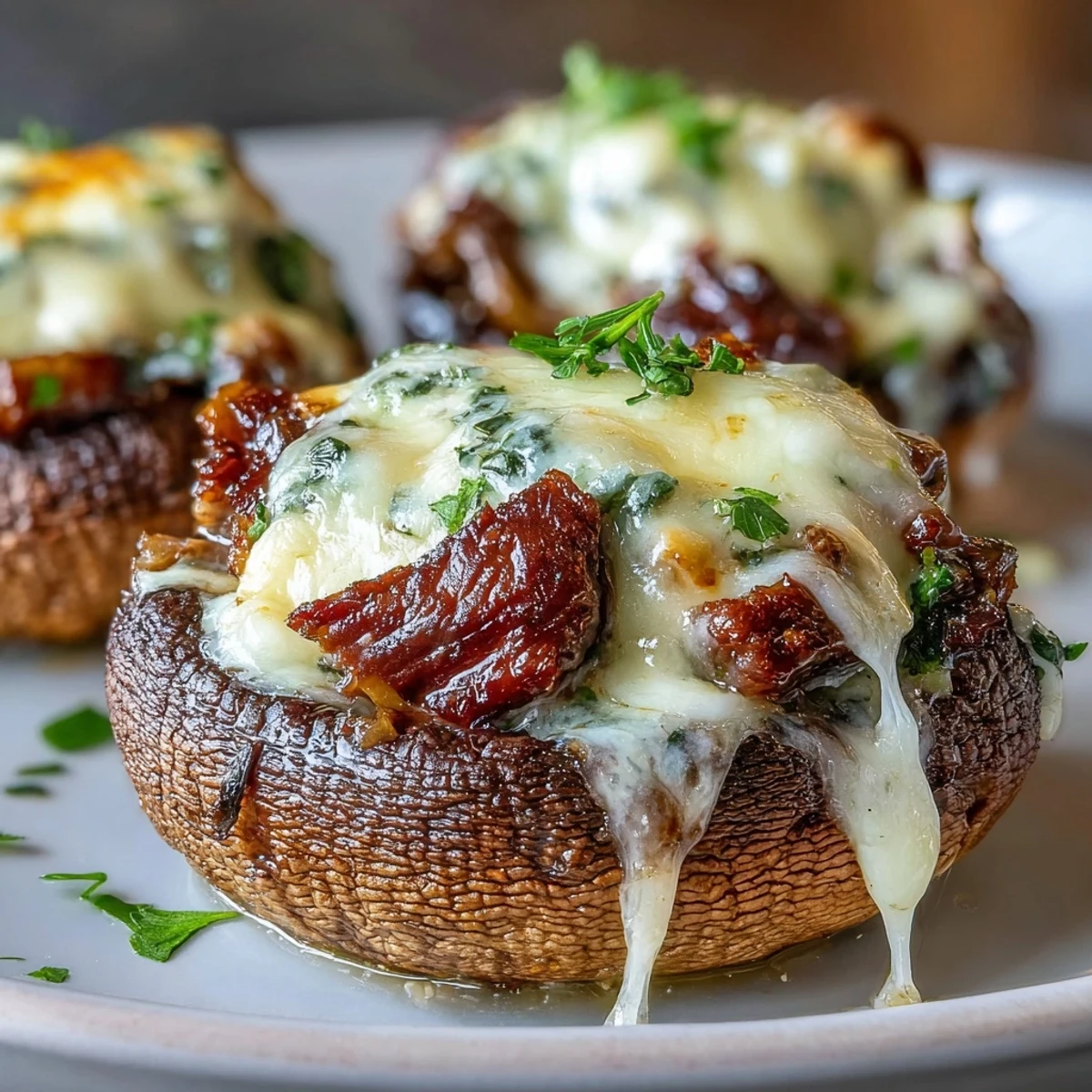 Portobello mushrooms loaded with ribeye steak, sautéed onions, and peppers, smothered in bubbling provolone cheese for a keto-friendly meal.