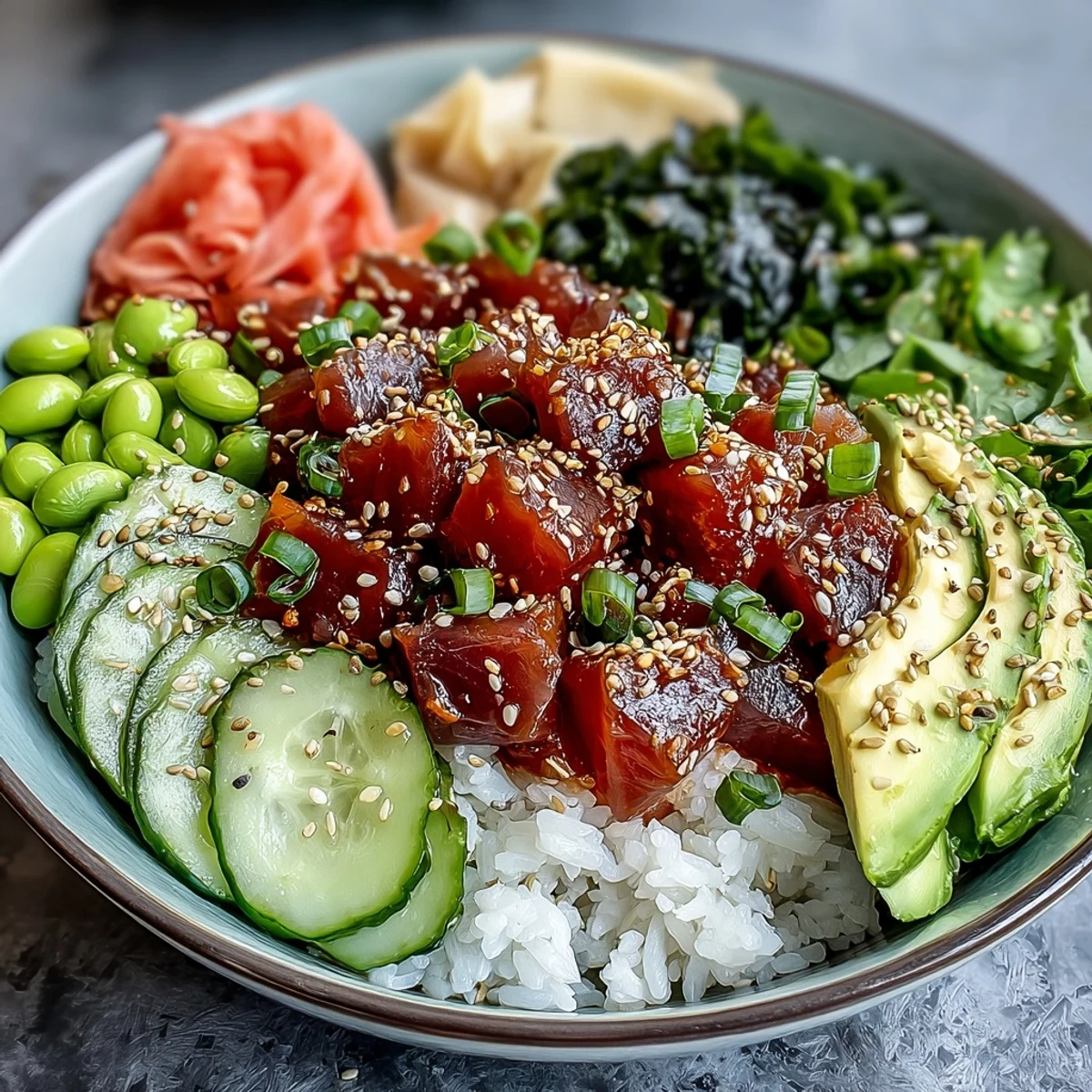 Fresh and colorful spicy tuna poke bowl featuring sushi-grade tuna, creamy avocado, and crisp cucumber over seasoned rice.