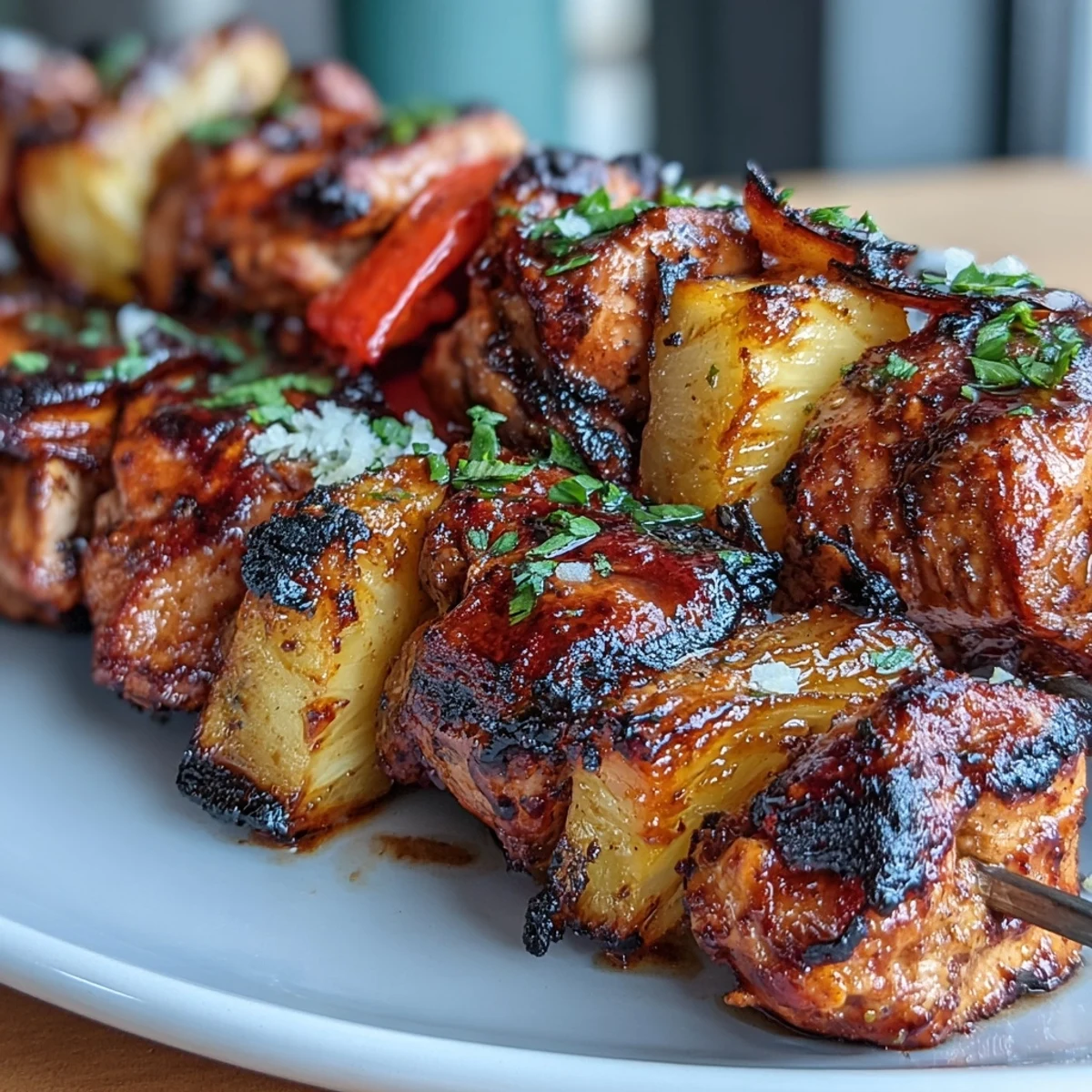 Spicy marinated chicken and pineapple skewers sizzling on the grill, capturing Caribbean flavors with vibrant bell peppers and fresh herbs.