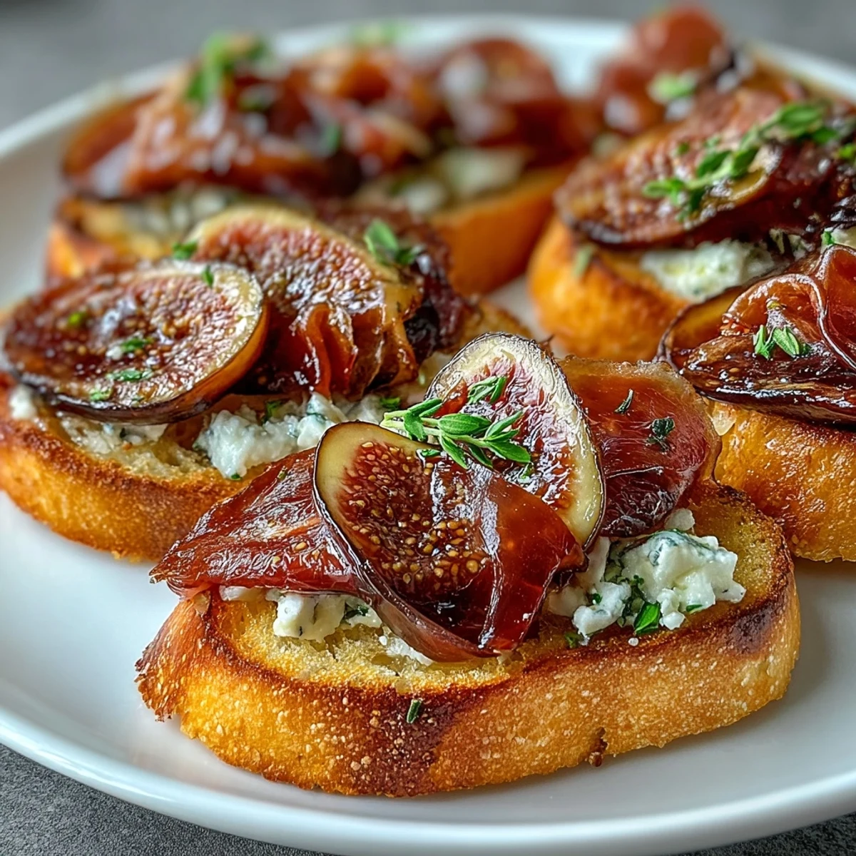 A tempting platter of crostini topped with prosciutto and fresh figs, drizzled with honey and garnished with thyme leaves.