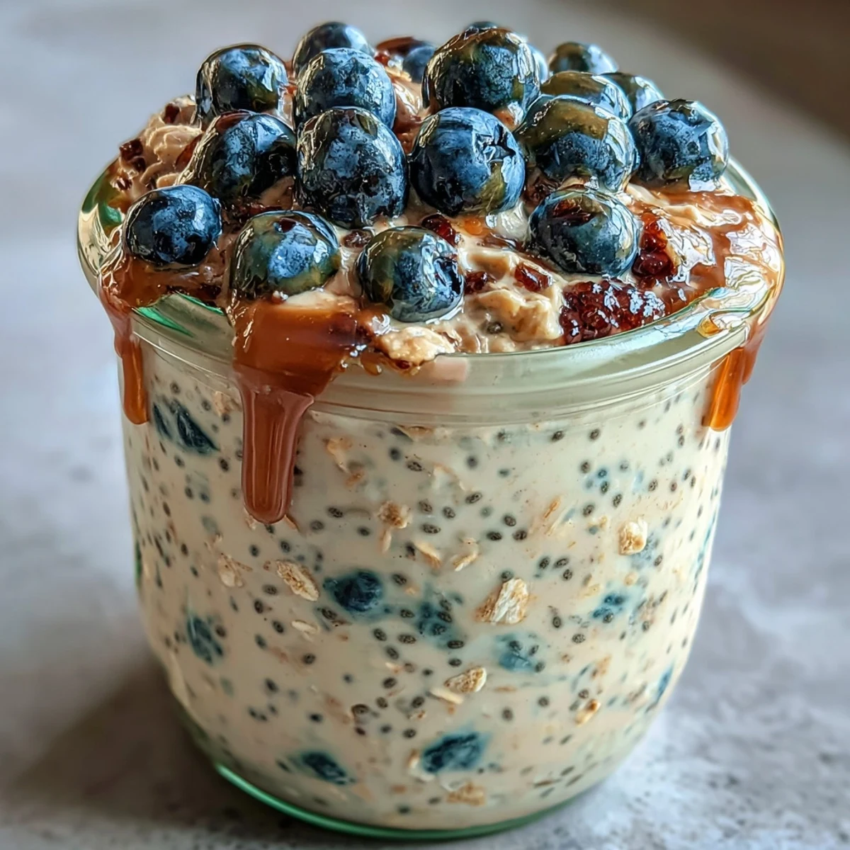 1. Creamy overnight oats with chia seeds and blueberries in glass jars, perfect for easy meal prep breakfasts.