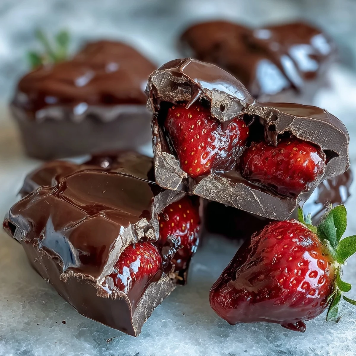 An elegant hollow chocolate heart reveals juicy strawberries inside, perfect for sharing on Valentine's Day.