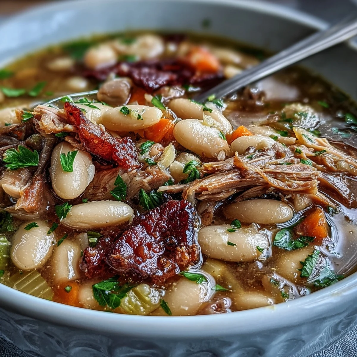 Hearty white bean and ham hock soup with tender beans and smoky meat in a savory broth.  