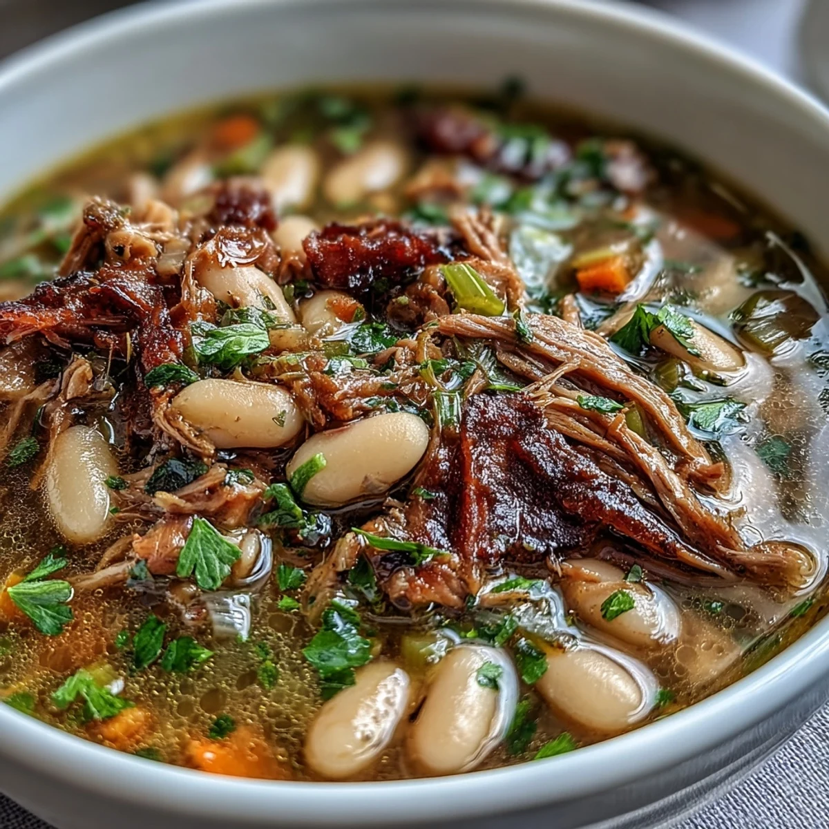 Creamy white bean and ham hock soup, garnished with parsley and perfect for cold winter evenings.