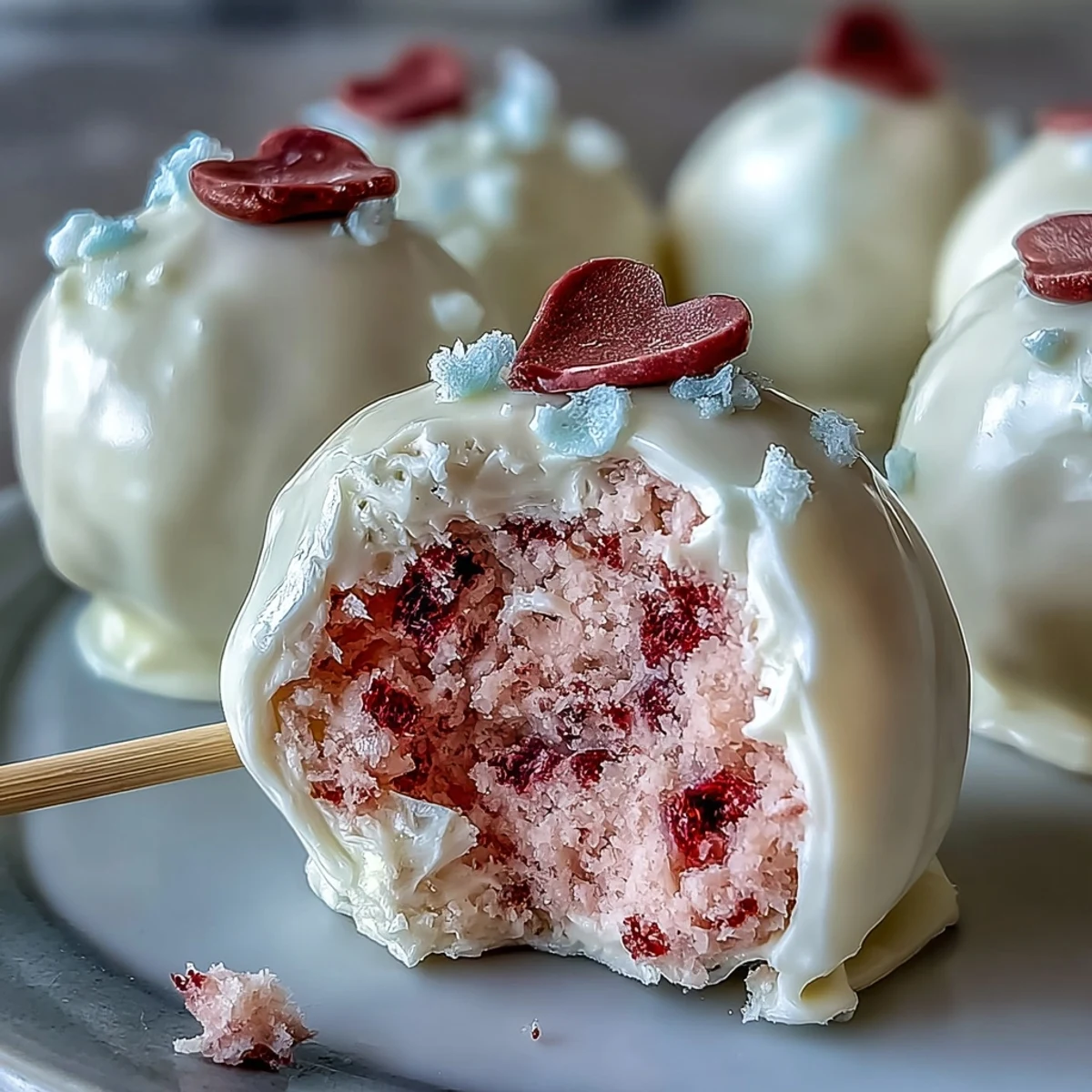 Indulge in these pink velvet cake pops with luscious cream cheese frosting, perfect for a Galentines celebration.  