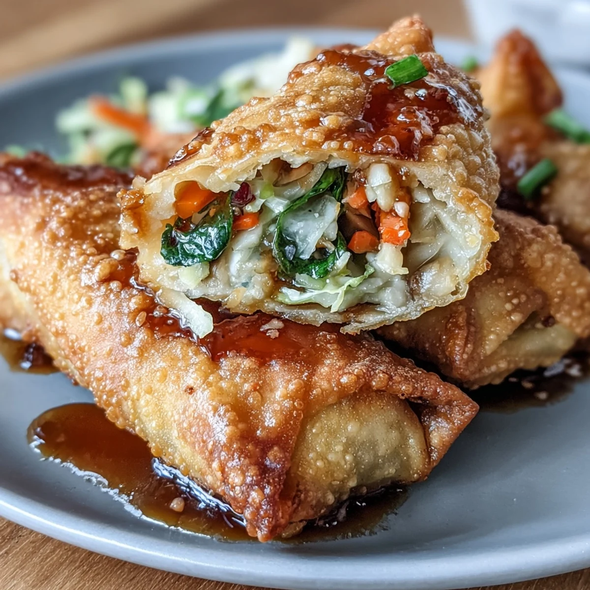 Crispy air fryer vegetable egg rolls with soy ginger glaze, golden and crunchy, served with a tangy dipping sauce.  