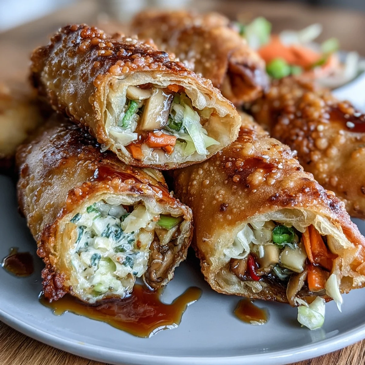 Vegetarian air fryer egg rolls bursting with colorful vegetables, perfectly crisp, and served alongside a savory soy ginger dipping sauce.