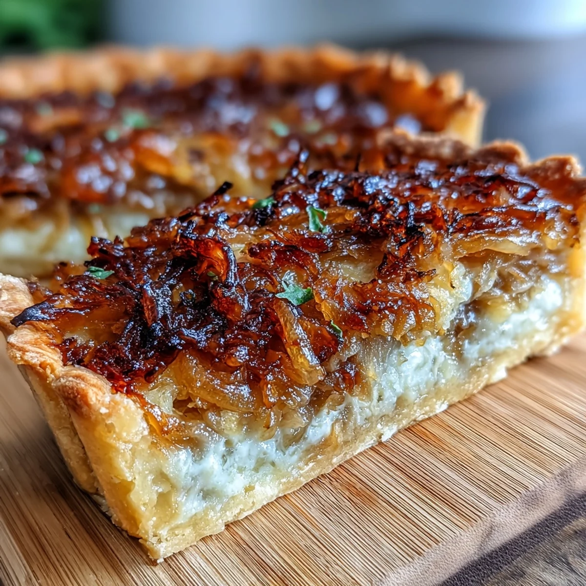 Savory caramelized onion and Gruyere tart with golden pastry, sweet onions, and melted cheese, ideal for brunch or lunch.