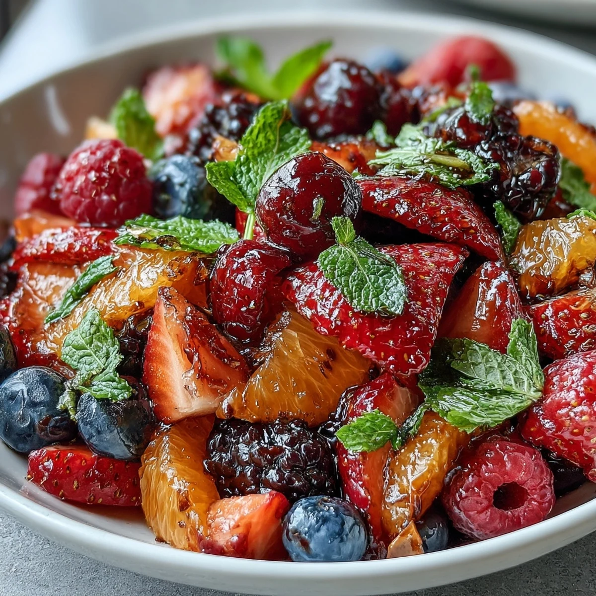 Citrus and Berry Spring Fruit Salad with Mint, bursting with fresh berries and citrus segments, lightly sweetened and garnished with mint.