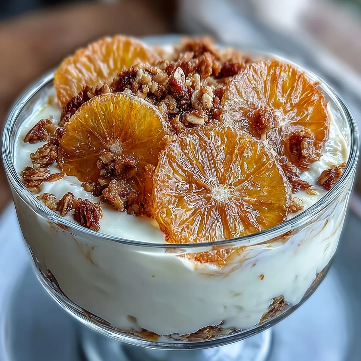 Creamy Greek yogurt layered with sweet candied orange slices and crunchy granola in a vibrant parfait glass.