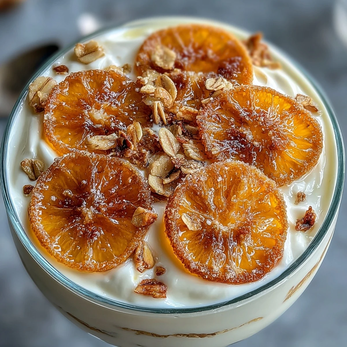 Bright orange slices candied to perfection add sweetness and color to this layered yogurt granola parfait.