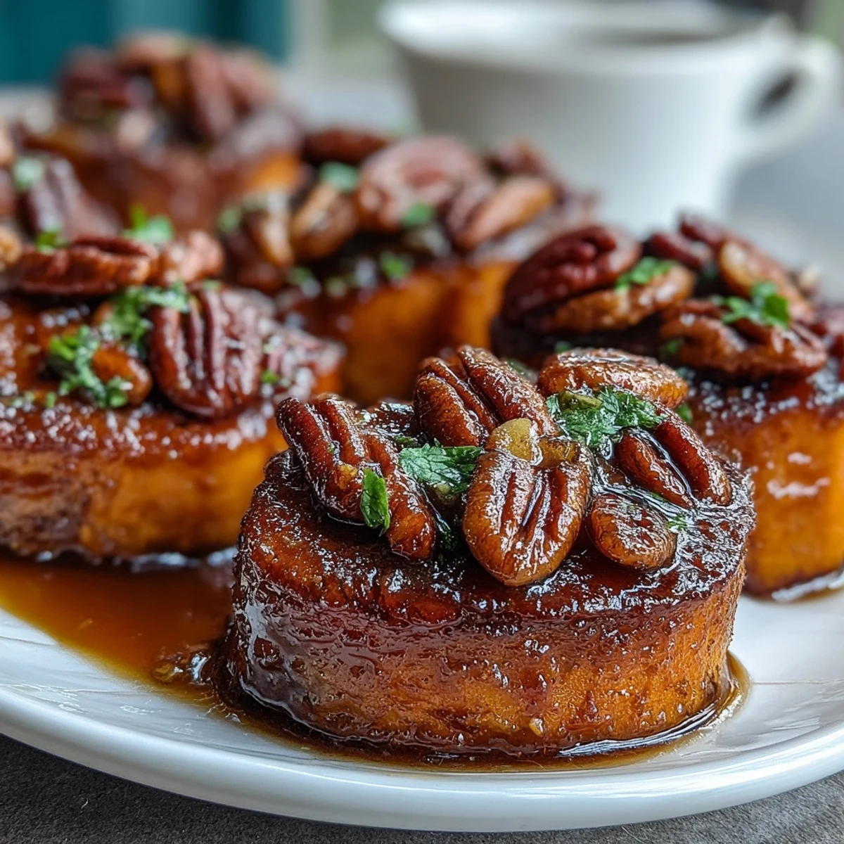 2. A cozy holiday side dish featuring glazed yams topped with crunchy toasted pecans and warm spices.  