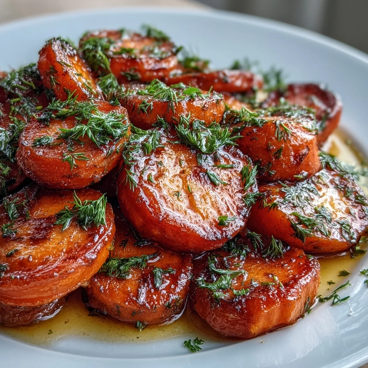 Vibrant orange honey glazed carrots with fresh dill, tender and glossy in a citrus-sweet sauce.  