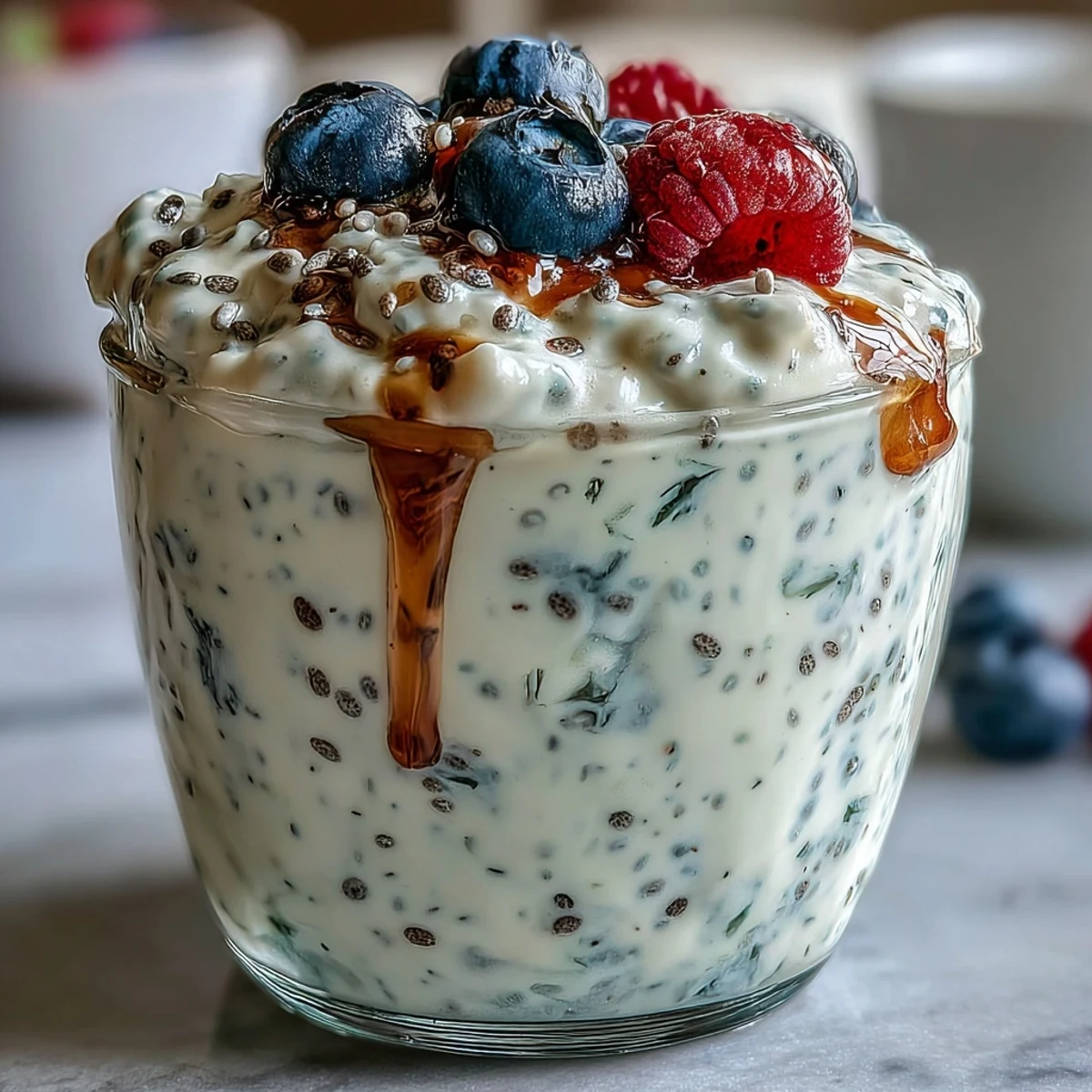 A bowl of Fluffy Yogurt Chia Pudding with Vanilla Bean, topped with sliced banana and a drizzle of honey for extra sweetness.