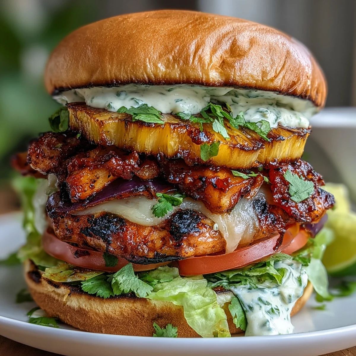 Juicy grilled chicken breasts stacked with caramelized pineapple, crisp lettuce, and fresh avocado slices for a vibrant, gluten-free burger twist.