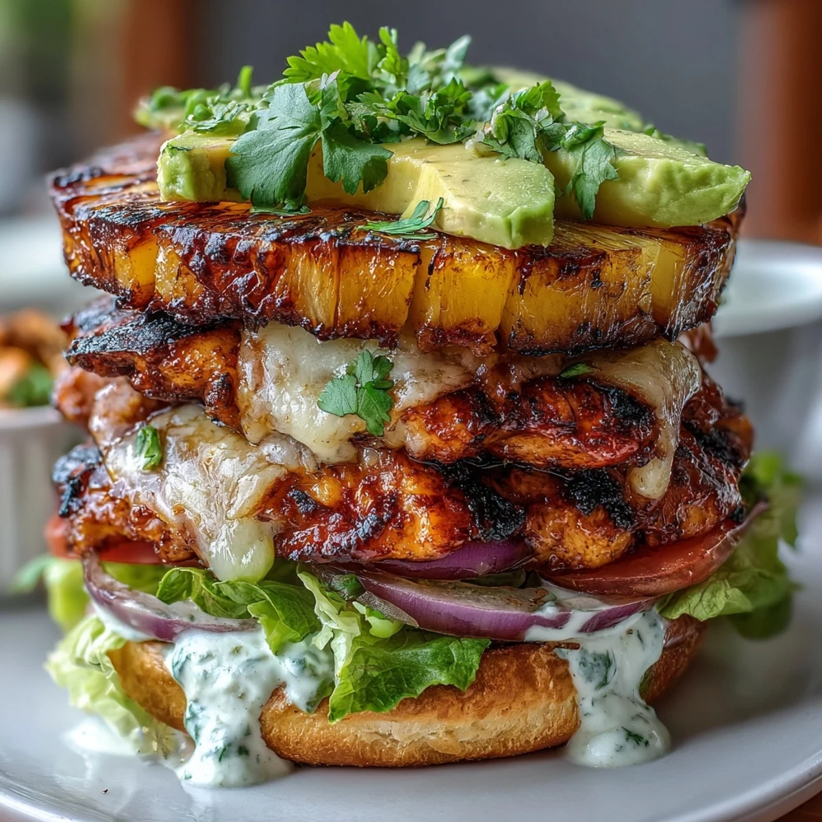 Hearty grilled chicken pineapple burger stacks layered with melted cheese, grilled onions, and vibrant veggies—perfect for a lighter, bun-free meal.