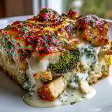 Freshly baked Keto Creamy Chicken and Broccoli Casserole bubbling with melted cheddar and mozzarella in a ceramic dish.