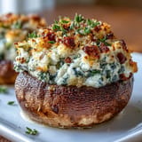 Plump mushroom caps generously filled with a blend of ricotta, spinach, and fresh herbs, baked to perfection for an elegant appetizer.  