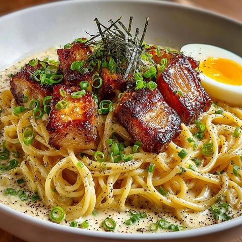 Delectable ramen pasta fusion, featuring rich tonkotsu cream sauce, pork belly, and perfectly cooked pasta.