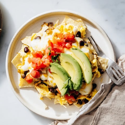 Indulgent loaded breakfast nachos topped with creamy avocado and fresh salsa.