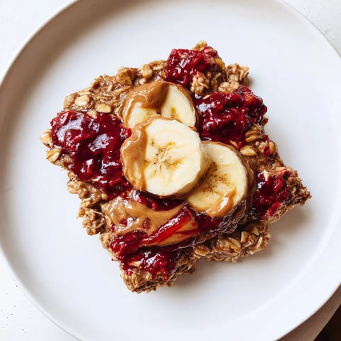 Warm Peanut Butter & Jelly Baked Oatmeal topped with fresh banana slices and nostalgia.  