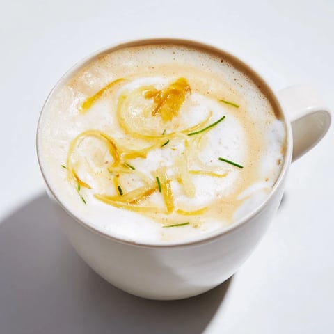 Savory onion latte topped with frothed milk, blending rich espresso and caramelized onions.  