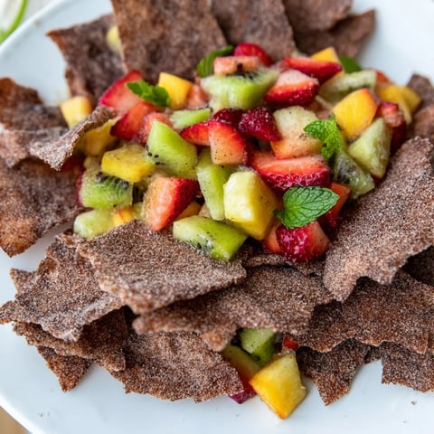 Crispy homemade Dessert Chips & Salsa with colorful fruit salsa and chocolate flavor.  
