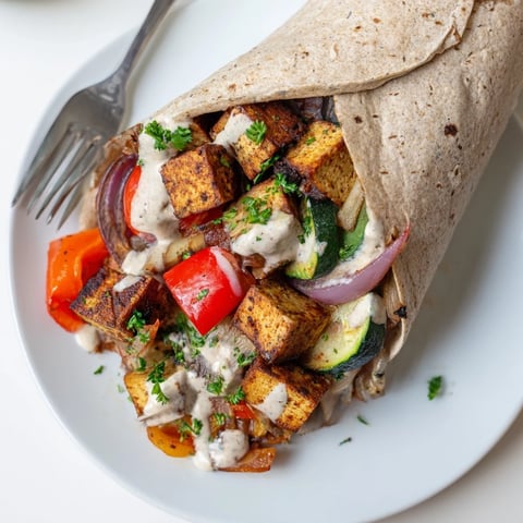 Roasted vegetables and tofu in a vegan viral recipe, drizzled with tahini yogurt sauce.  