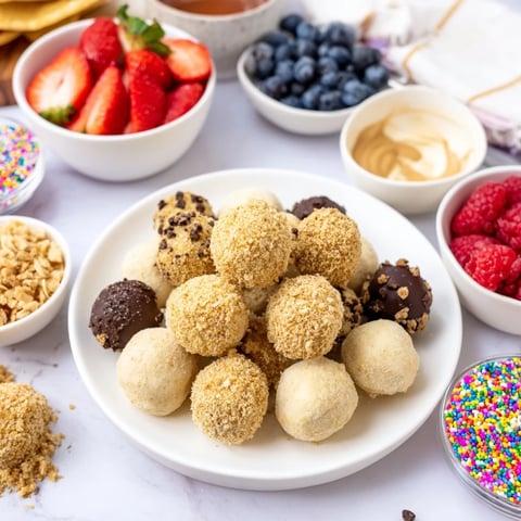 Deconstructed dessert board featuring creamy cheesecake bites with vibrant fresh toppings.  