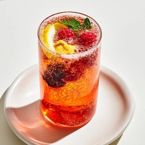 Refreshingly fizzy Kombucha-style mocktails served over ice with vibrant berries.  