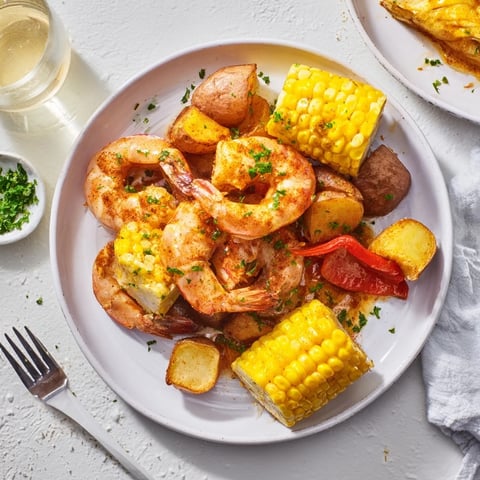 A colorful Cajun shrimp and sweet corn platter with vibrant vegetables.  