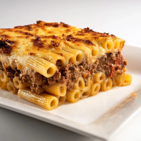 Golden-brown Greek Pastitsio, a hearty baked casserole with spiced beef and creamy béchamel.