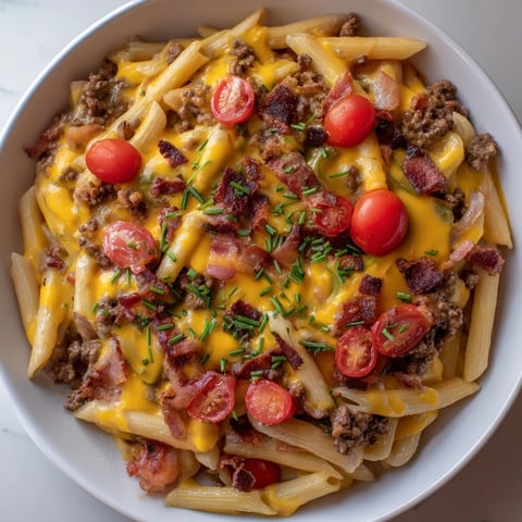 A bubbly, cheesy Bacon Cheeseburger Pasta Bake with crispy bacon and melted cheddar topping.