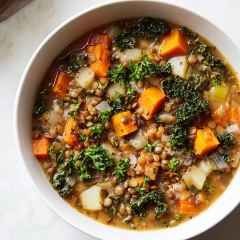 A warm bowl of Winter Vegetable & Lentil Soup, full of colorful vegetables, perfect for a cozy dinner.