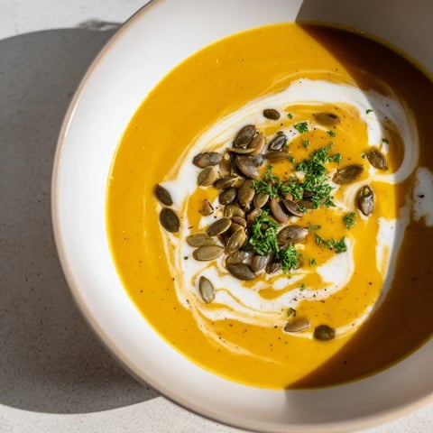 Golden bowl of creamy Butternut Squash & Pear Soup, garnished with fresh herbs and seeds.