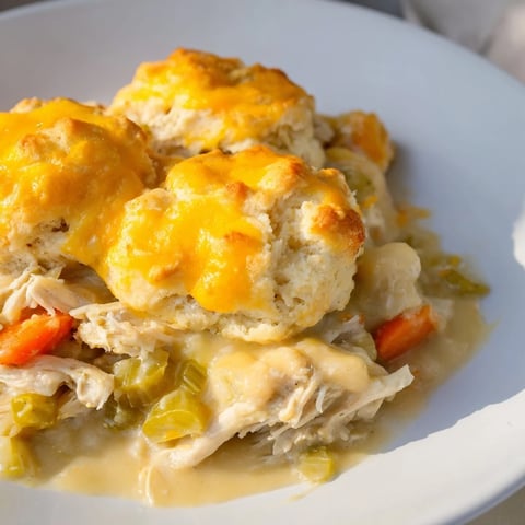 Warm, bubbly One-Pan Chicken Cobbler with a golden, cheesy biscuit topping, so inviting.