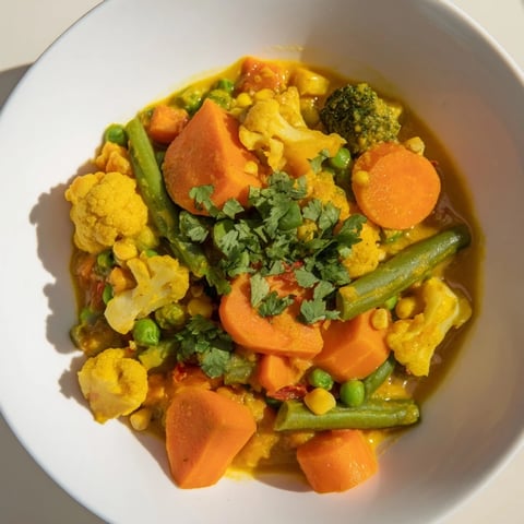 Steaming veggie coconut curry served in a bowl, showing vibrant vegetables with creamy coconut sauce.