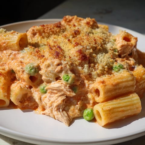 Golden-brown tuna pasta bake bubbling with melted cheese, promising a comforting family meal.