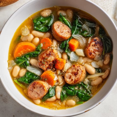 A steaming bowl of Simple Sausage and White Bean Soup, garnished, ready to enjoy.