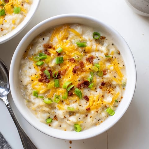 Steaming hot baked potato soup, creamy and thick, loaded with cheddar cheese and fresh chives.