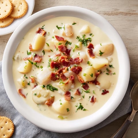 Creamy New England Clam Chowder with visible bits of bacon and fresh parsley, ready to be served.