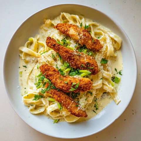 Golden, sliced Southern Style Creamy Parmesan Chicken Pasta rests on a creamy, luscious sauce, ready to serve.