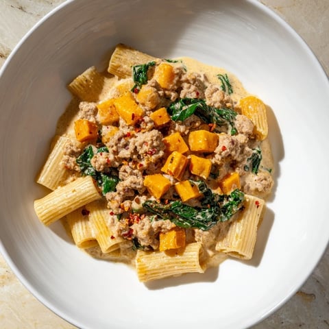 Creamy Rigatoni with Butternut Squash, a warm dish with sausage and Parmesan beautifully plated.