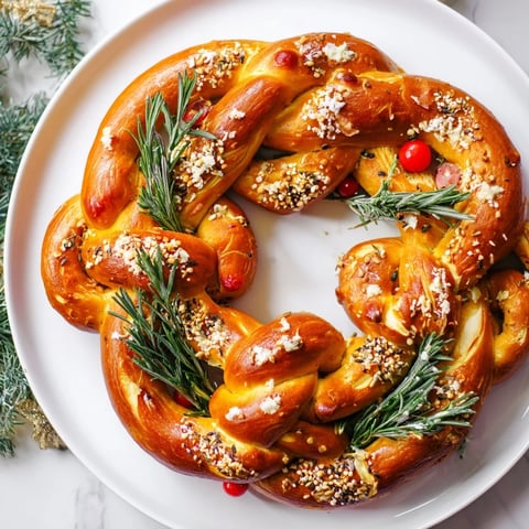 Close-up shot shows a golden brown pretzel wreath, perfect for a budget holiday snack.