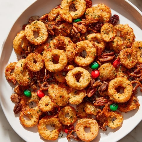 Crispy air fryer bagel chip Christmas mix overflowing in a festive bowl, ready to enjoy.