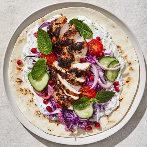 Tender Greek Yogurt Chicken Shawarma Christmas wrap filled with spiced chicken and festive veggies.