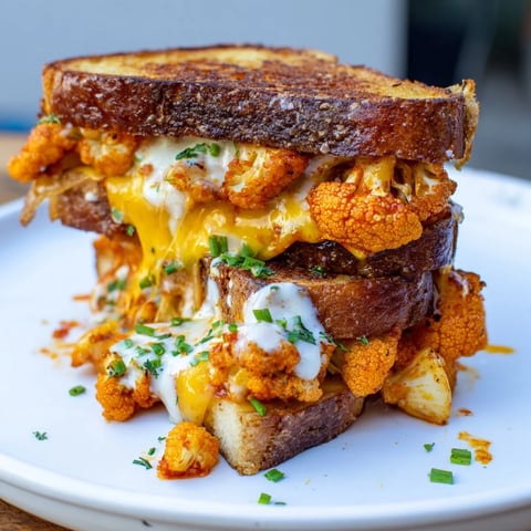 Buffalo Cauliflower Ranch Grilled Cheese with melted cheese oozing from crispy sourdough edges.