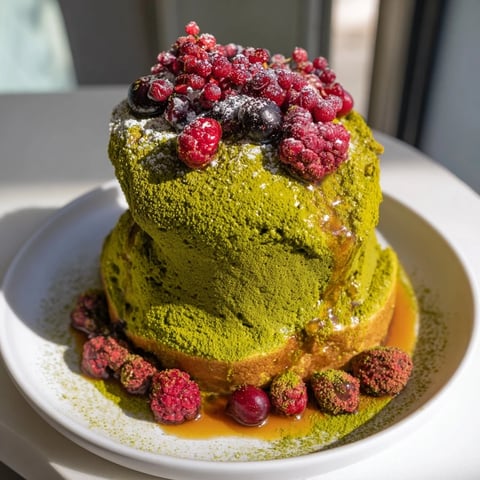 Fluffy Egg White Gingerbread Matcha Soufflé Pancakes, golden brown and drizzled with maple syrup for breakfast.